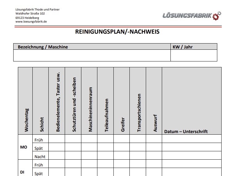 Vorlage Reinigungsplan / Reinigungsnachweis Vorlage Reinigungsplan / Reinigungsnachweis